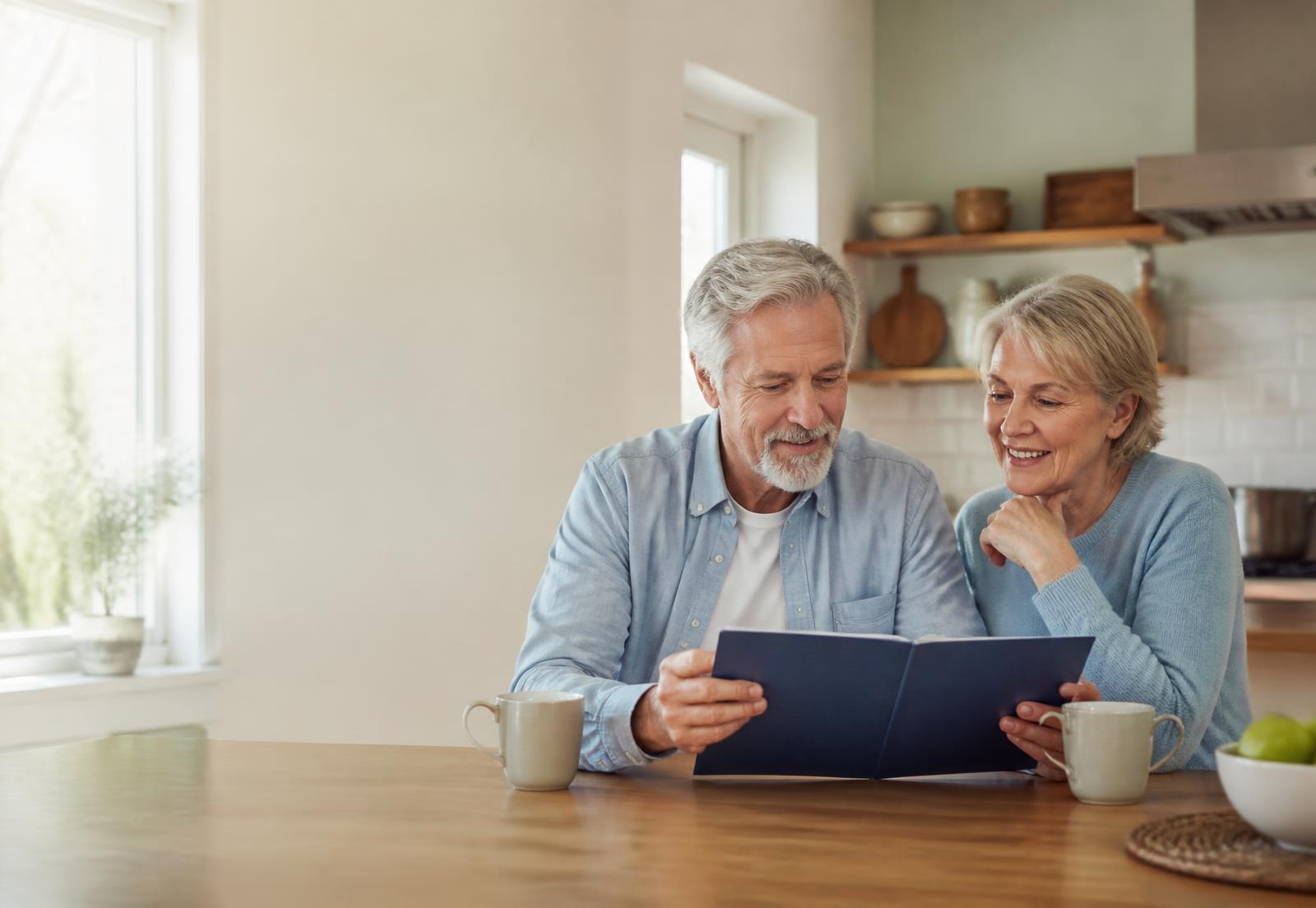 Older couple reviewing their plans together at a kitchen table